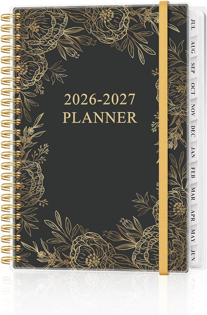Academic Planner 2026-2027 - Weekly & Monthly Planner from July 2026 to June 2027, Agenda 2026 2027 with Inner Pocket, Elastic Band, 6.4" x 8.5", Gold Floral Black