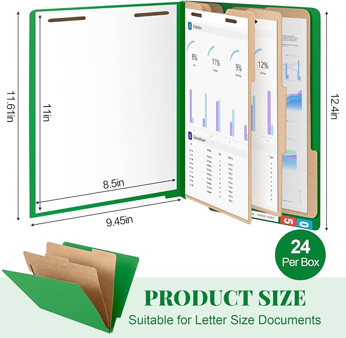 Skyygemm 24 Pcs End Tab Classification Green File Folders 3 Dividers Letter Size with 3.5'' Fasteners and 2 Prongs, Manila Folders Bulk for Office Business Classroom