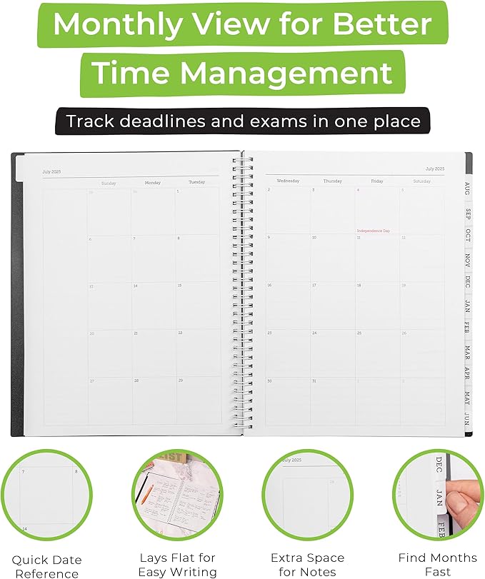 WallDeca Academic Planner 2025-2026, Daily, Weekly & Monthly Planner, July 2025 - June 2026, Student Notes Pages, Twin-Wire Binding Day and Weekly Agenda for School & Work (8.5 x 11-Inches, Black)