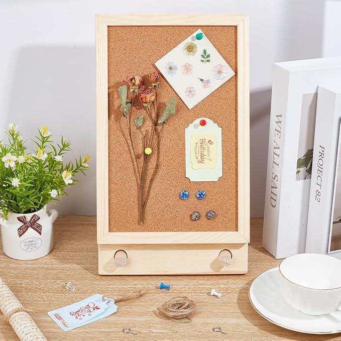 OLYCRAFT Desktop Cork Board with Hemp Rope 2Pcs Wood Sticks 2Pcs Screw Pins and 6Pcs Thumbtacks Cork Bulletin Board Message Picture Board for Home Office Decor DIY Crafts-13.5x7.9x1.2 Inch