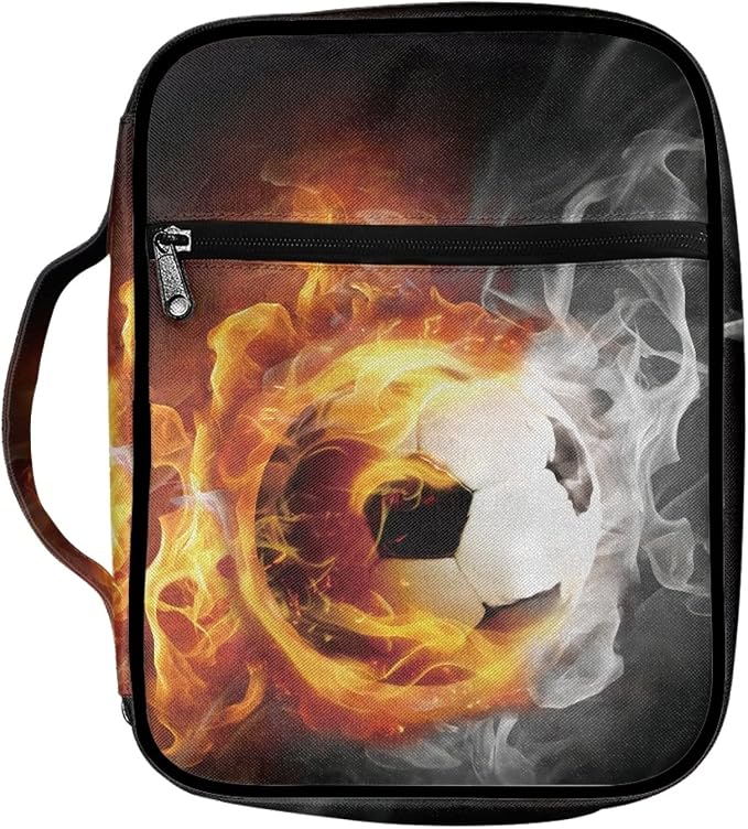 Coldinair Fire Flame Soccer Print Bible Cover Holders for Men Teens Kids Boys,Carrying Book Case Church Bag Bible Bags with Handle and Zippered Pocket