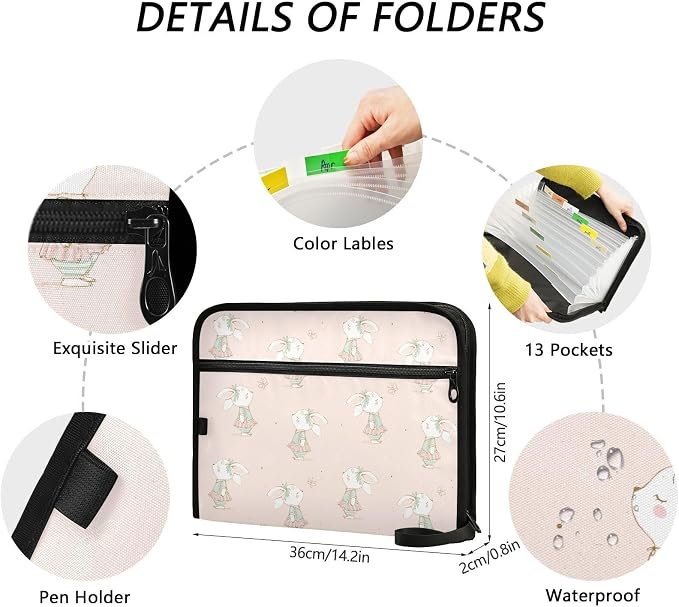 Cute Bunny Butterflies File Folders,Plastic Folders with 13 Pockets,Expandable File Folder for Documents School Students Office,Aesthetic Folder with Labels A4 Letter Size