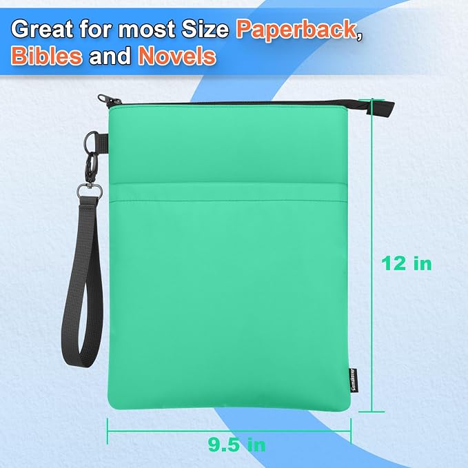 Book Sleeves with Zipper, Travel Book Protector Pouch for Paperbacks & Hardcover Books, Book Covers Bags Carry Case/Front Pocket & Handle Strap for Book Lovers Mother's Day (Light Green, 2 Pcs)