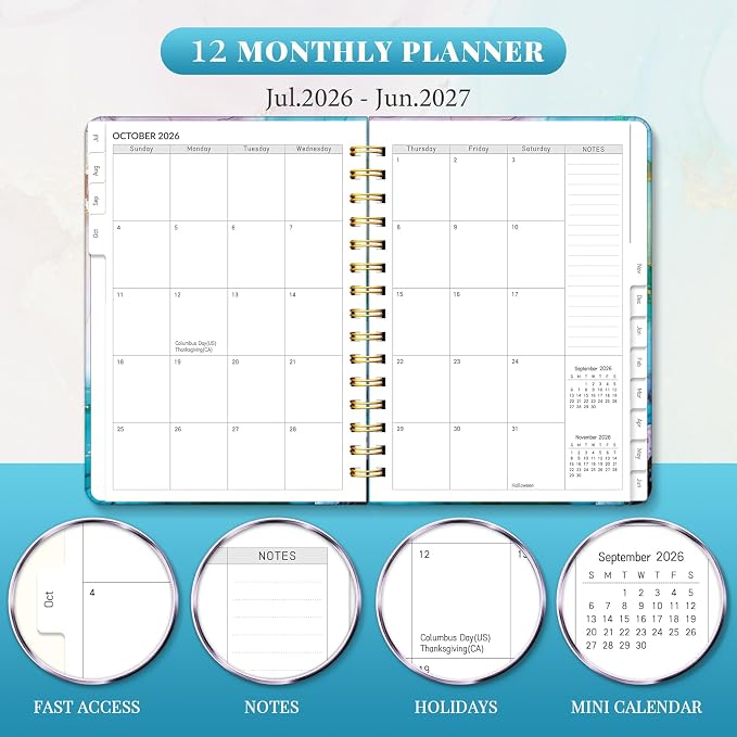 Lonely Oak Academic Planner 2026-2027, Daily Weekly and Monthly Agenda Planner 6.18" x 8.5" with Tabs, 12 Months Spiral School Year A5 Calendar from Jul.2026 to Jun.2027 for Student and Teacher (Cyan Marble)