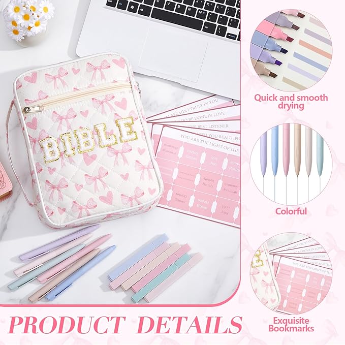 Sinload Quilted Bible Cover Case for Women Large Carrying Bag with Organizer Tabs 6 Colored Pens 6 Highlighters Book Tote Bags with Handle Bible Carry Supplies Christian Gifts(Pink Bow Heart)
