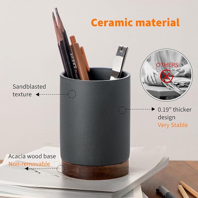 Ceramic Pen Holder for Desk, Pencil Organizer & Makeup Brush Holder, Office Decor and Desk Accessories, Perfect Office Organization, Teacher Supplies (Dark Grey, Set of 1)