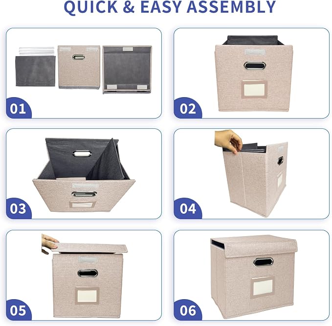 6 Pack Hanging File Folder Box with Lid, Durable Letter Size Filing Storage Box, Sturdy File Holder with Cardboard Support PVC Rails for Office Home Organizer, Beige