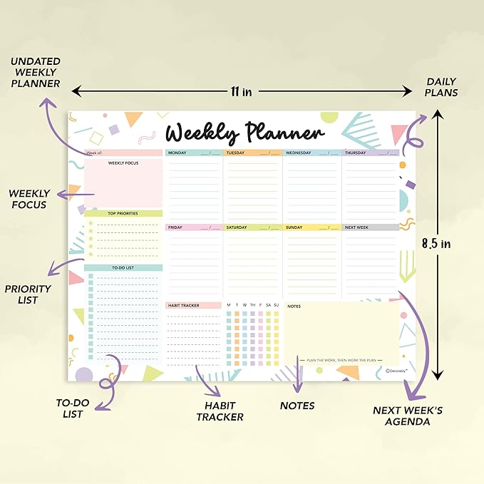 Decorably 52 Sheets Colorful Pastel Weekly To Do List Notepad - 6.5x10" Spring-Bound Planner Pad, Easy Tear-Off for Priorities, Habit Tracker, Focus & Notes - Home, School, Office