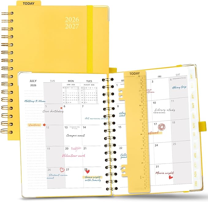 POPRUN 2026-2027 Monthly Planner, 18 Month Calendar (July 2026-Dec 2027), 6.25" x 8.5" A5 Spiral Hardcover Organizer with Dotted Note Pages, Professional Appointment Book for Business Office, Students & Teachers - Light Yellow