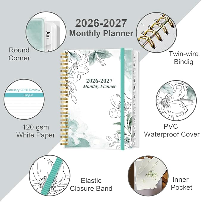 2026-2027 Monthly Planner - 18 Monthly Calendar, January 2026 - June 2027, Two Pages Per Month, 9" x11" Planner with Tabs, Strong Twin-Wire Binding, Inner Pocket, Teal Floral