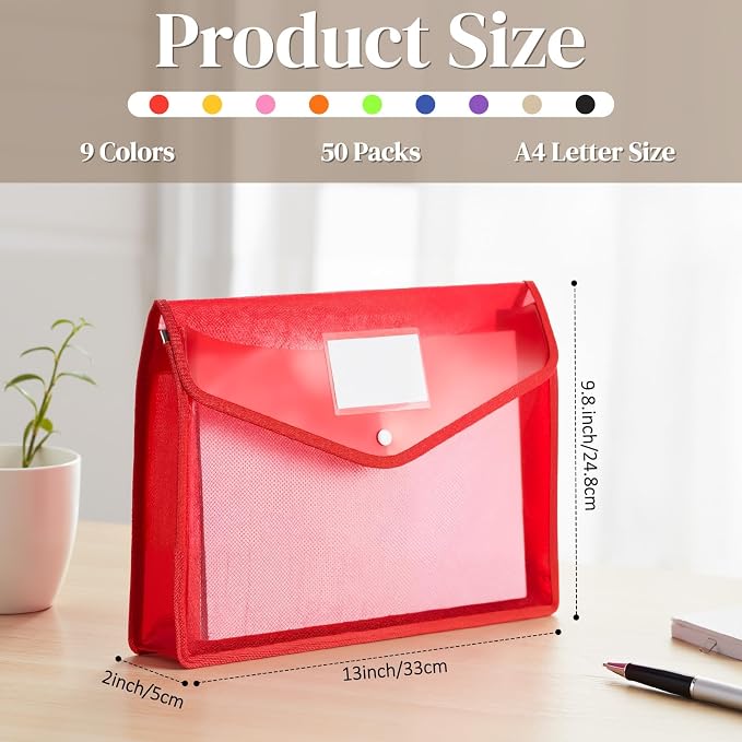 Handepo 50 PCS Plastic Expanding File Folder Bulk - A4 Size Colorful Transparent Large-Capacity Portable Documents Envelopes with Snap Closure for Office, Business, School Supplies - No Dividers