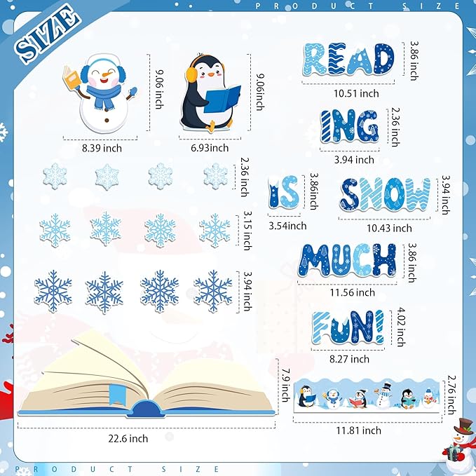 TaoBary 73 Pcs Winter Snowflake Bulletin Board Set Snowflake Penguin Snowman Umbrella Cutouts Learning is Snow Much Fun Bulletin Board Decorations for School Home Chalkboard Wall Decor (Cute)