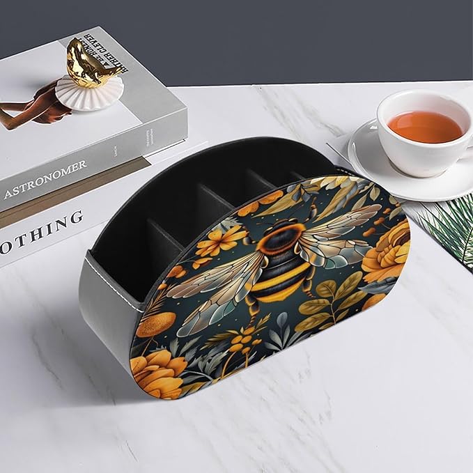 Bee Floral Remote Control Holder with 5 Compartment PU Leather Multi Functional Desk Storage for TV Remotes Office Supplies