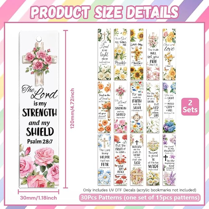 Peacoblue 30pcs UV DTF Bookmarks Transfer Stickers Wraps Bible and Flowers for Women Men Reading, Waterproof Bookmarkers Decal(No Blank Bookmarks) for Acrylic Plastic Metal Blank Bookmark