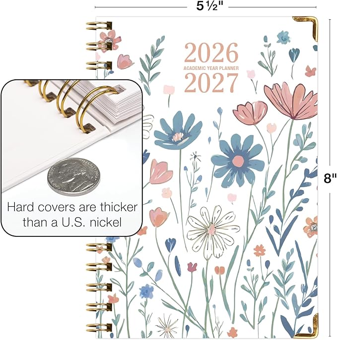 HARDCOVER Academic Year 2026-2027 Planner: 14 Months (May 2026 Through June 2027) 5.5"x 8" Daily Weekly Monthly Planner Yearly Agenda. Bookmark, Pocket Folder and Sticky Note Set (Colorful Botanicals)