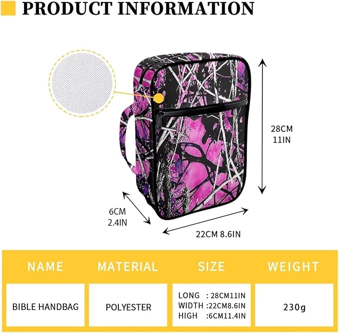 Suobstales Forest Camouflage Bible Cover Bible Case for Women Girls Pink Hunting Camo Carrying Book Cover Church Bag Bible Protective Bag with Handle and Zippered Pocket