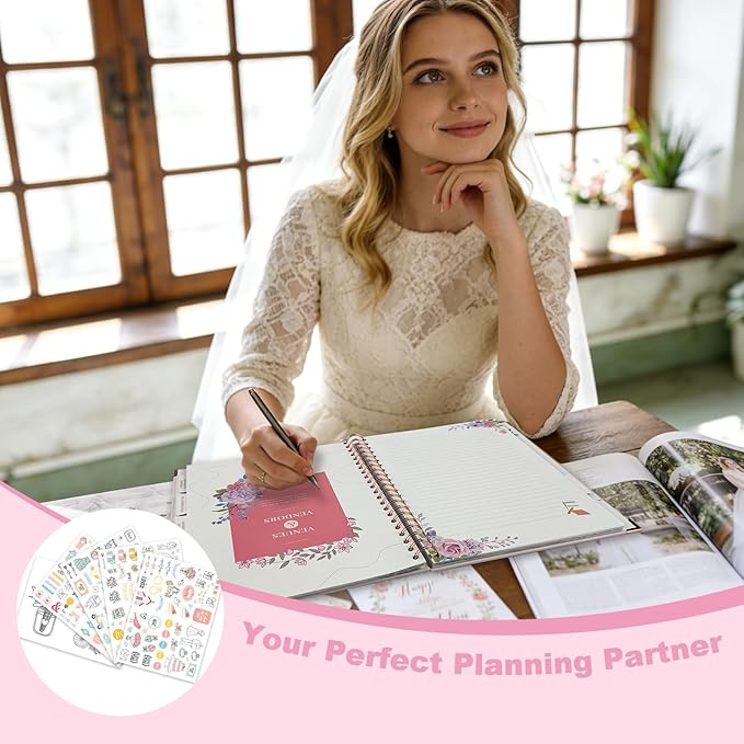 Wedding Planner Book and Organizer for Bride, Wedding Planning Binder & 4 Pages of Stickers, Engagement Unique Gifts for Couples, Wedding Planners Essentials, Easy Personalized Bridal Planning
