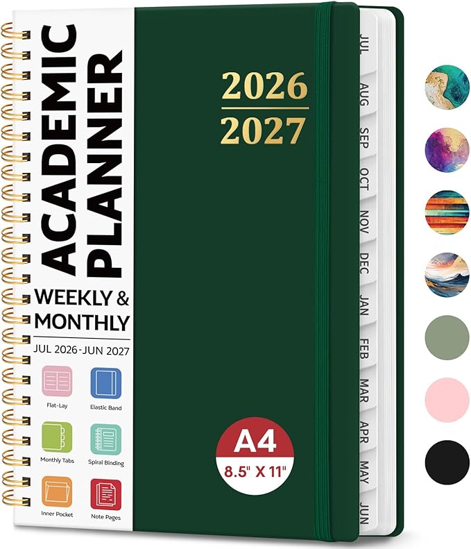 8.5" x 11" Academic Planner 2026-2027, Weekly & Monthly Calendar Planner Book, July 2026 – June 2027, Large Hardcover Organizer with Tabs, Perfect for Teachers, Students, Women & Men – A4, DarkGreen