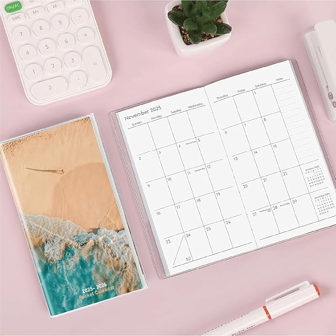 Pocket Calendar 2025-2026, Daily Weekly Monthly Planner Jan 2025 to Dec 2026 (3.7" x 6.7") Page Size, Daily Planner 2025 for Purse - Sea Beach