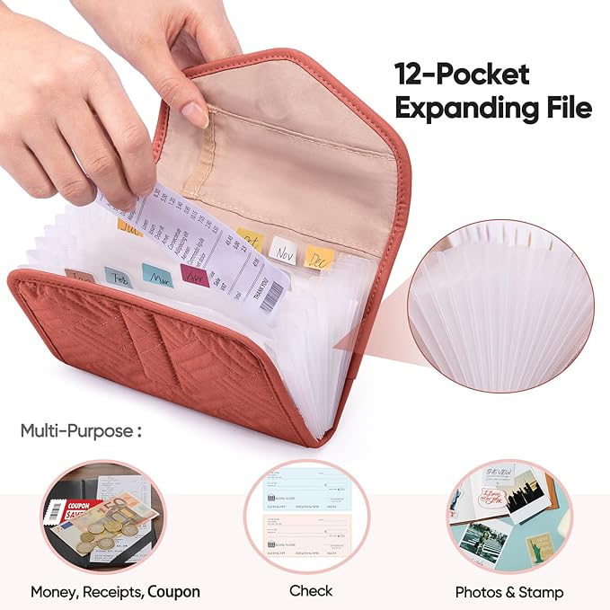 Fabric Receipt Organizer 7X5 - Receipt Holder 12 Pockets - Money Organizer - Elegant Receipt Holder - Coupon Holder - Cash Organizer - Envelope Organizer - Small Accordion File Organizer