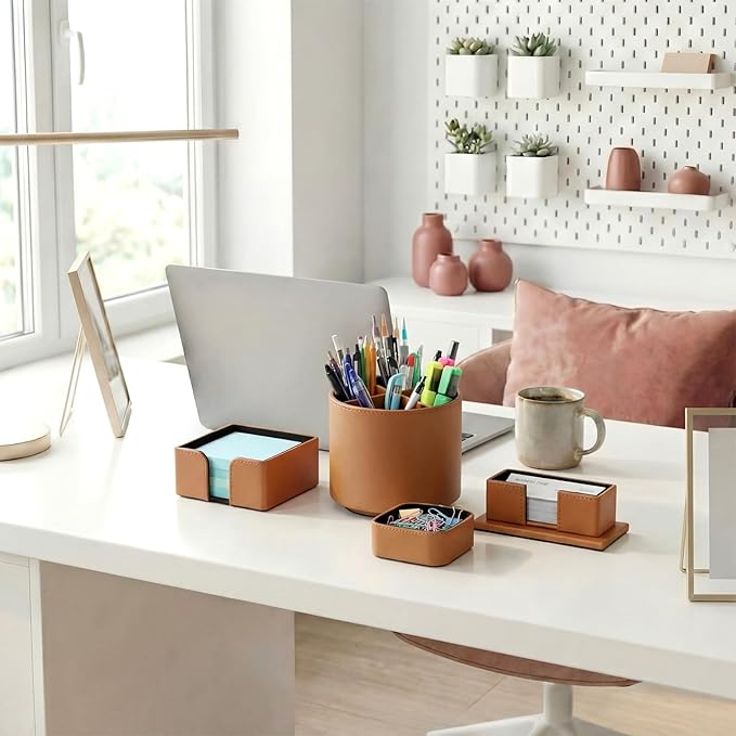 4 Pcs Rotating Leather Pen Holder Organizer Office Desk Accessories Set with Business Card Sticky Note Holder Paperclip Storage Desktop Storage Supply for Teacher Back to School Gift(Brown)