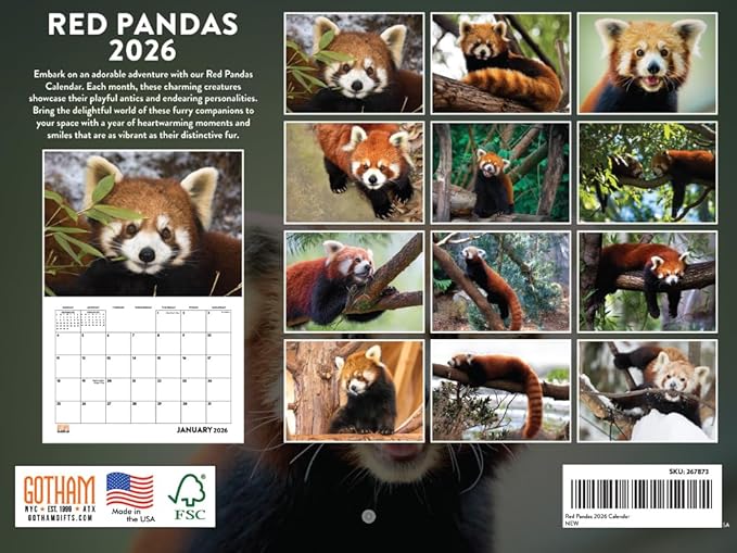 Red Panda Calendar 2026 Monthly Wall Calender 12 Month | American Made In The USA
