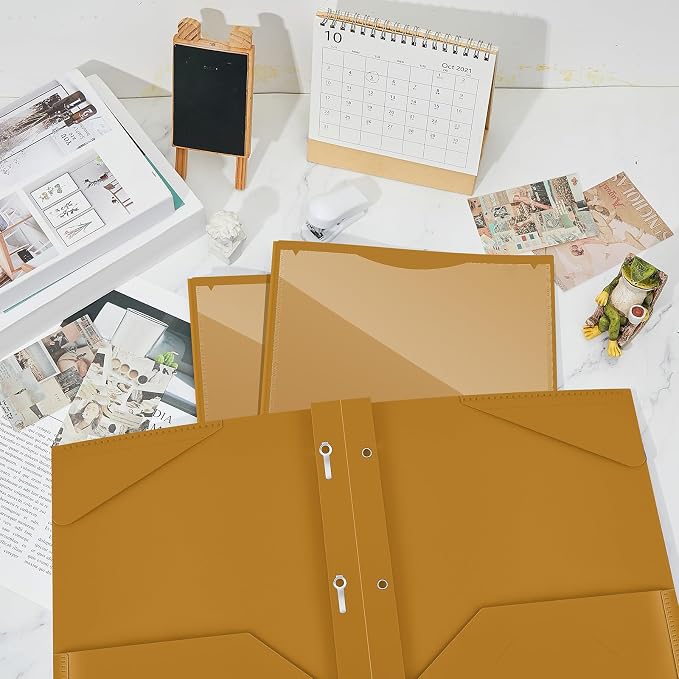 Henoyso 36 Pcs Plastic Folder with Clear Front Pocket and 3 Prong Plastic Folders with Card Slot Pocket Folders with Prongs for School Office (Khaki)