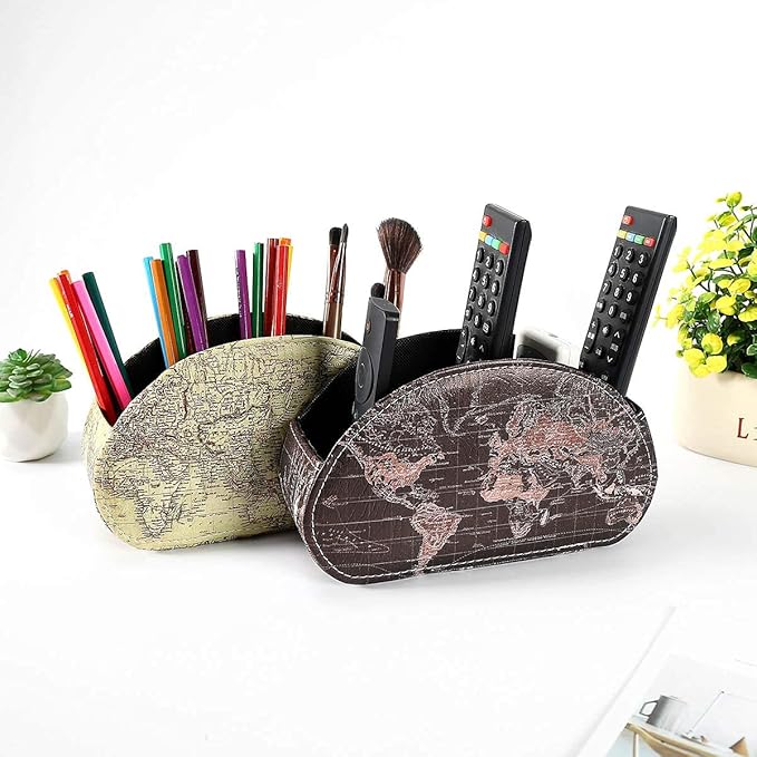 Remote Control Holder, Spacious Decorative PU Leather Makeup Organizer with 5 Compartments, Table Decor Storage Remote Caddy for TV, DVD, Blu-Ray, Office Supplies World Map Black PH56