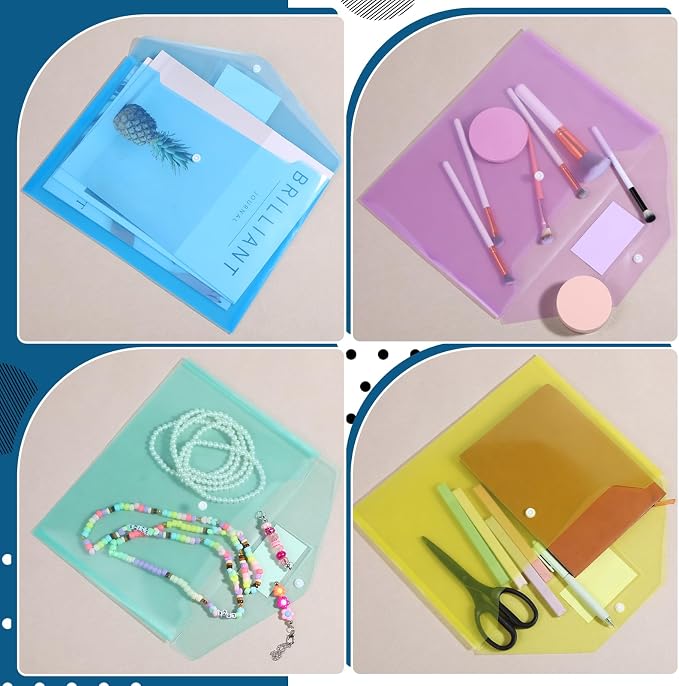 48pcs Plastic Envelopes Poly Envelopes Clear Envelope with Snap Button Closure A4 Letter Size Plastic Envelope Folder with Label Pocket for School Office Home Organizer Supplies, 8 Colors