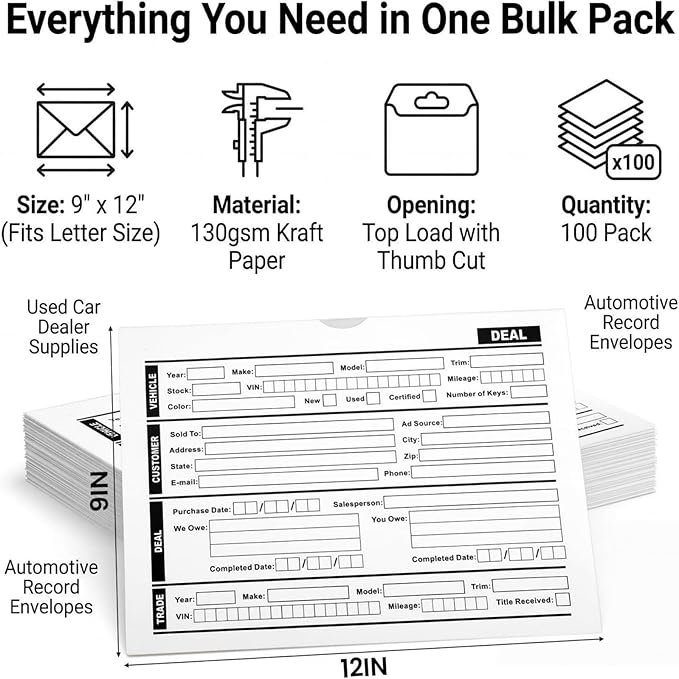 Sabary 100 Pcs Vehicle Dealer Jackets 9 x 12 Inches Printed Vehicle Deal Envelopes Car Sales Deal Folders Auto Dealers Envelopes for Office Dealership Supplies File Jackets(White)