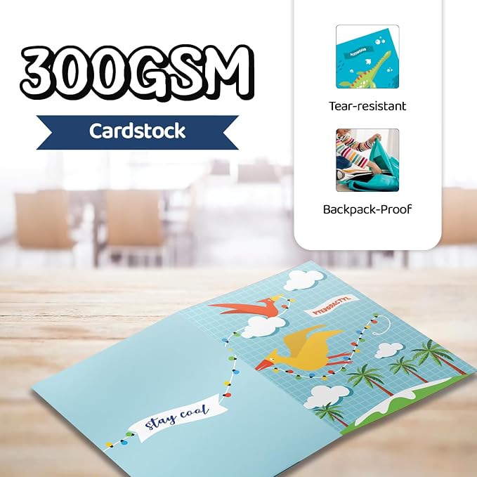 8 School Folders - Cute Pocket Folders with 8 Unique Dinosaur Designs in Front, Back Cover and Inside - Kids Pocket Folders - Homework Folders - Dinosaur Folders - 12 x 9.25 Inches (Pack of 8)