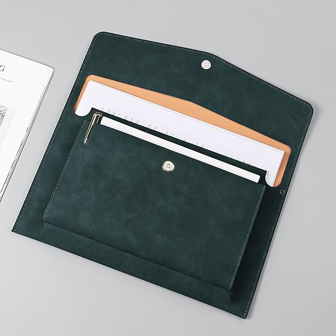 PU Leather A4 File Folder Document Holder with 2 Compartments Envelope Folder Case with Snap Closure for Receipt Contract (Green)