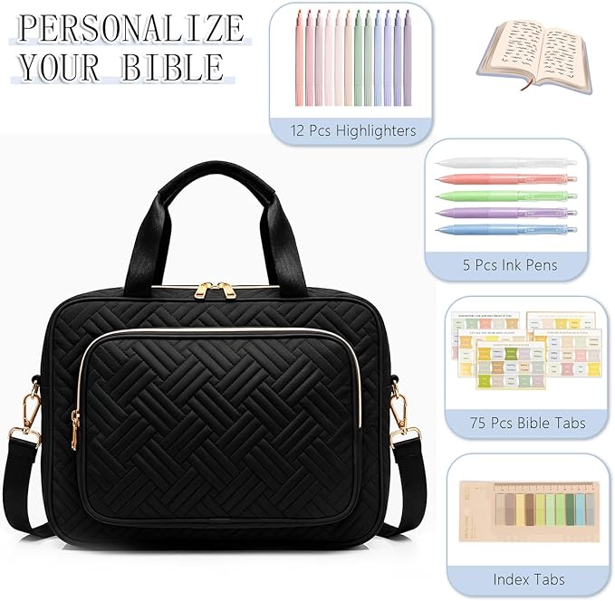 Bible Bag for Women, Large Bible Cover Case with Study Supplies,Girls Carrying Case with Highlighters, Pens, Bible Tabs, Sticky Notes, Christian Gifts for Girls, Mom, Easter Mothers Day Religious Gift