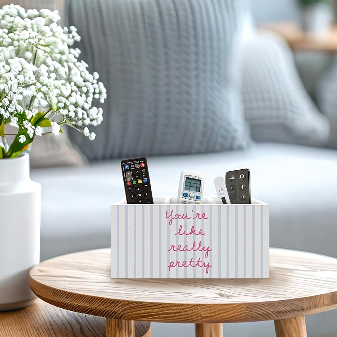 Inspirational Pen Holder, Positive Affirmations Office Pen Pencil Holder Organizer for Desk Accessories, Preppy Striped Wooden Box Desk Decor for Girls Room Bedroom Dorm Desk Decorations