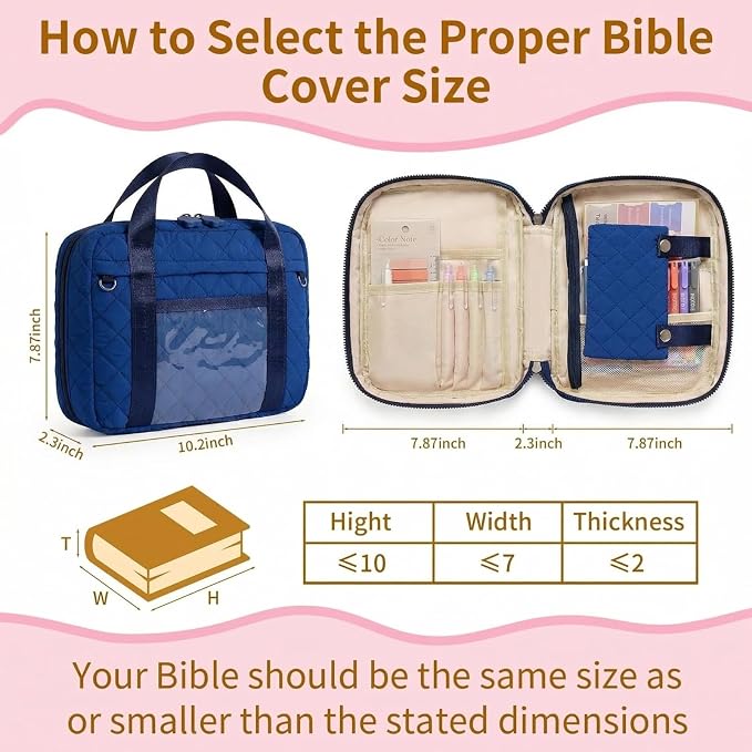 Quilted Bible Cover for Women, Zippered Bible Case with Handle, Bible Organizer Bag w/Multiple Pockets & Pen Slots Lightweight Bible Tote Bag for Church Study, Gifts for Women (Navy Blue)