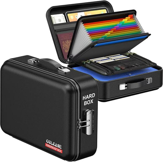 COLCASE Fireproof Document Box with Lock, Hard Fireproof Document Organizer | Hard-Shell Fireproof Waterproof Documennt Box with Combination Lock Black