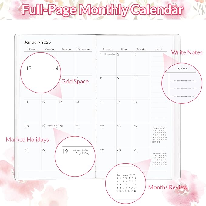 Pocket Calendar 2026-2027, Floral Pocket Calendar -3.7" x 6.7" - Runs from January 2026 until December 2027, Calendar Planner for Purse with PVC Cover for Planning, Organizing and Office