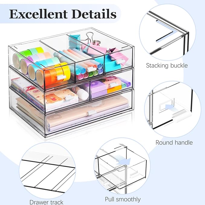 3 Tier Stackable Desk Organizer with 6 Drawers, YOCOMEY Plastic Desktop Storage Box Drawers, Detachable Makeup Storage Office Stationery Supplies Organizer for Office School (All Clear)