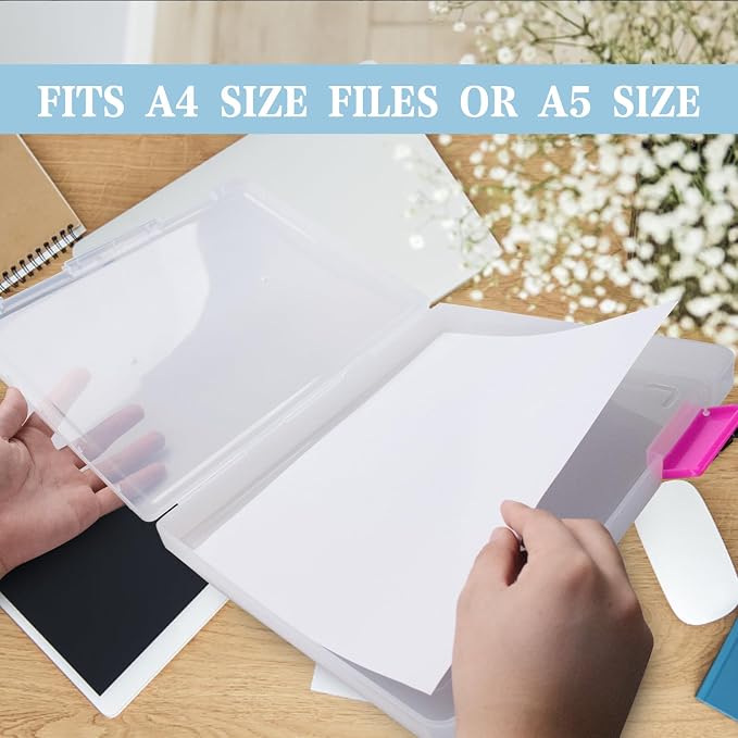 12 Pcs Clear A4 A5 File Box Document Plastic Storage Box with 48 Labels File Holder Organizer Paper Plastic Case Magazine Protector with Buckle Office School Supplies(Pink)