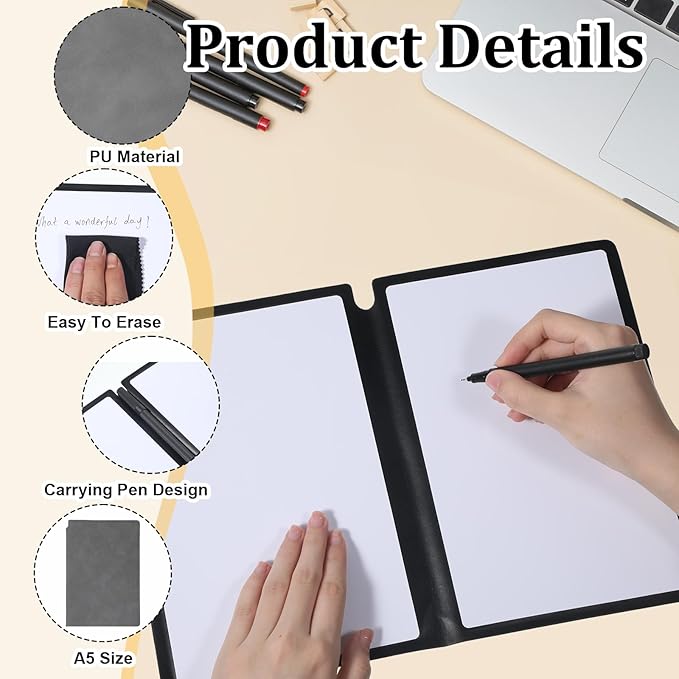 Thinp A5 Dry Erase Notebook, 9.5x6.6 Inch Whiteboard Notebook Reusable Folding White Board Double Sided Handheld Whiteboard for Business Office School Home (Gray)