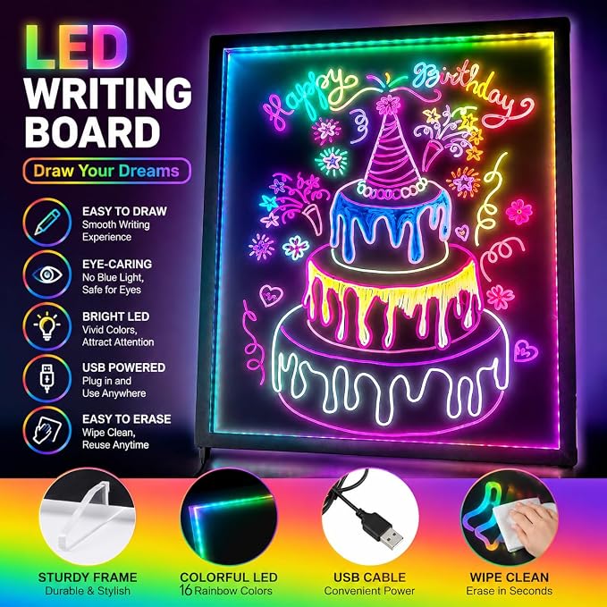 LED Note Board with12+4 Color Light Modes,14.2"x11" Led Drawing Board, for Home/Office/DParty& Gifts, Acrylic Magnetic Whiteboard LED Doodle Board Colors