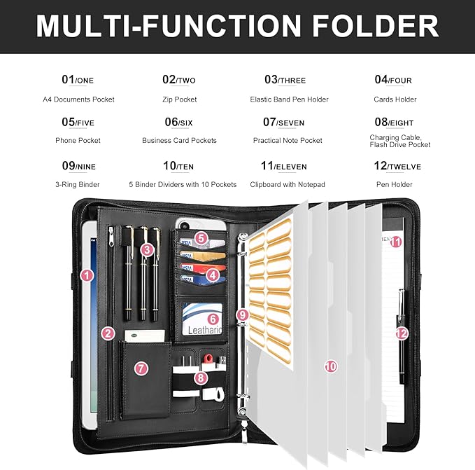Leathario Portfolio Binder, Includes 5 Folder Index Dividers, 13 Inch Tablets Organizer with Handle, Vegan Leather A4 Padfolio, Multi-Pocket Notepad Business Planner Professional Document