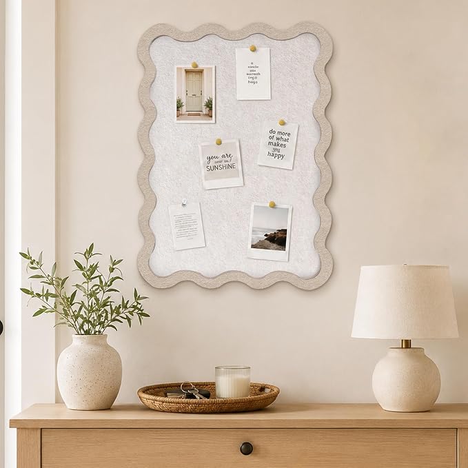 Scalloped Felt Bulletin Board, Sized 24" x 18" Felt Cork Board Alternative for Office & Wall Decor, Customizable Adhesive Tiles with Pins Hooks for Photo Display School Home Office, Oatmeal