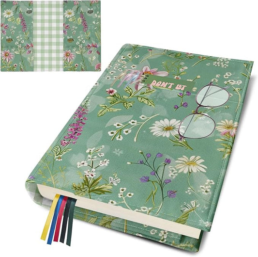 Adjustable Paperback Book Cover Protector, Washable Soft Canvas Fabric Book Covers with Bookmark,Double Side Floral Print Book Dust Jacket Covers for Hardcover Novel Book Lovers Gift