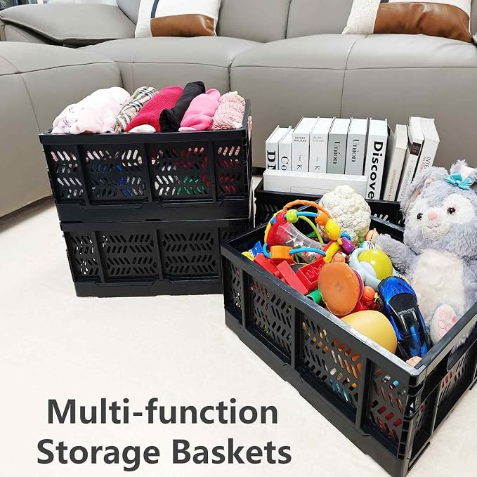 4-Pack Plastic Storage Crates,20L Foldable Baskets,Collapsible Crates, Storage Baskets and Bins for Toys, Home Storage, Office Products, Gifts(Black)