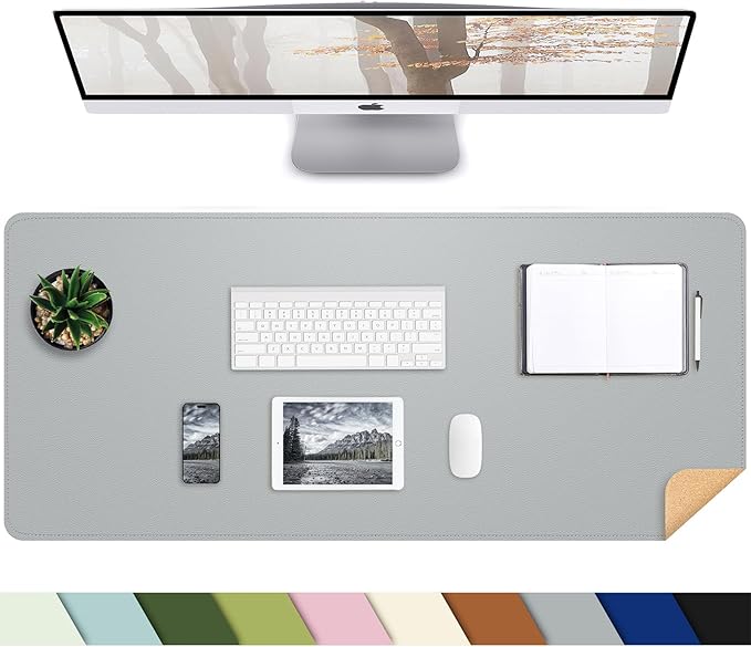 AFIING Cork Desk Mat, 35.4" x 17", Light Grey,Desk pad Protector | Dual-Sided Cork & PU Leather, Large Mouse Pad, Non-Slip & Waterproof