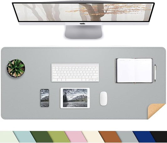 AFIING Cork Desk Mat, 35.4" x 17", Light Grey,Desk pad Protector | Dual-Sided Cork & PU Leather, Large Mouse Pad, Non-Slip & Waterproof