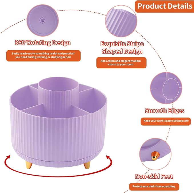 Desk Pencil Pen Holder, 5 Slots 360°Degree Rotating Pen Organizers for Desk, Desktop Storage Stationery Supplies Organizer, Cute Pencil Cup Pot for Office, School, Home, Art Supply, Purple