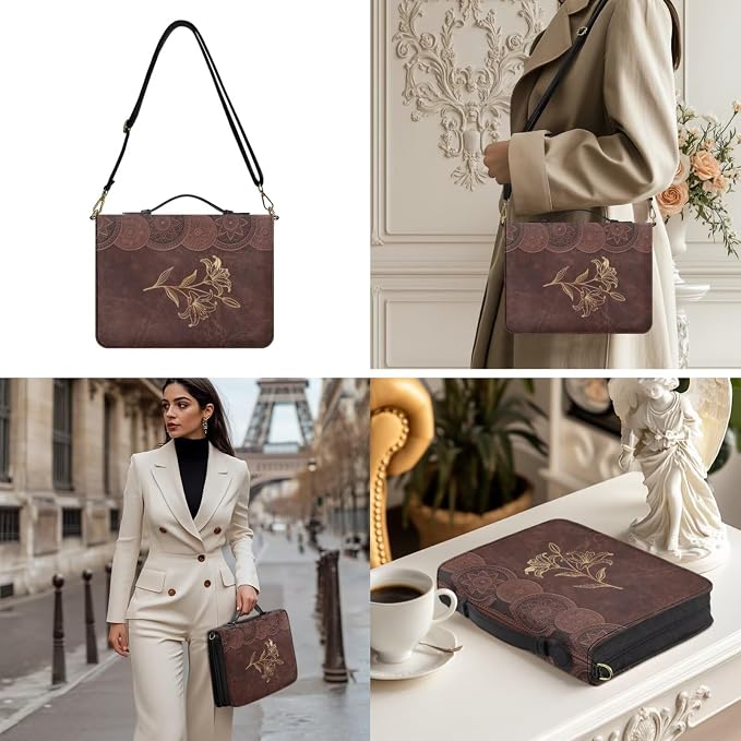Bible Bag for Girls Gold Line Lily Pattern with Shoulder Strap XXL | Bible Cover with Strap and Handle,PU Leather Bible Protecto, Inner Pockets and Pen Loop, Bible Study Supplies for Girls