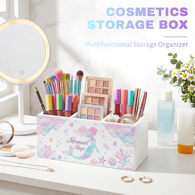 Mermaid Pen Pencil Holder for Office Desk Mermaid Office Decor Gift for Girls Wooden Pink Ocean Organizer Desktop Decor Coastal Makeup Brush Toothbrush Holder for Bathroom Desk Accessories